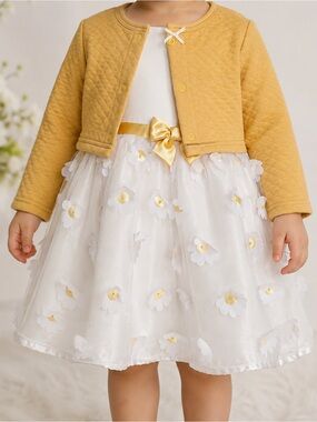 Girls' White Floral Tulle Dress with Mustard Jacket.